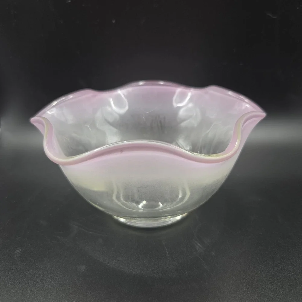Vintage Pink Ruffle Edge Frosted‎ Art Glass Bowl Mid Century Modern Candy Dish